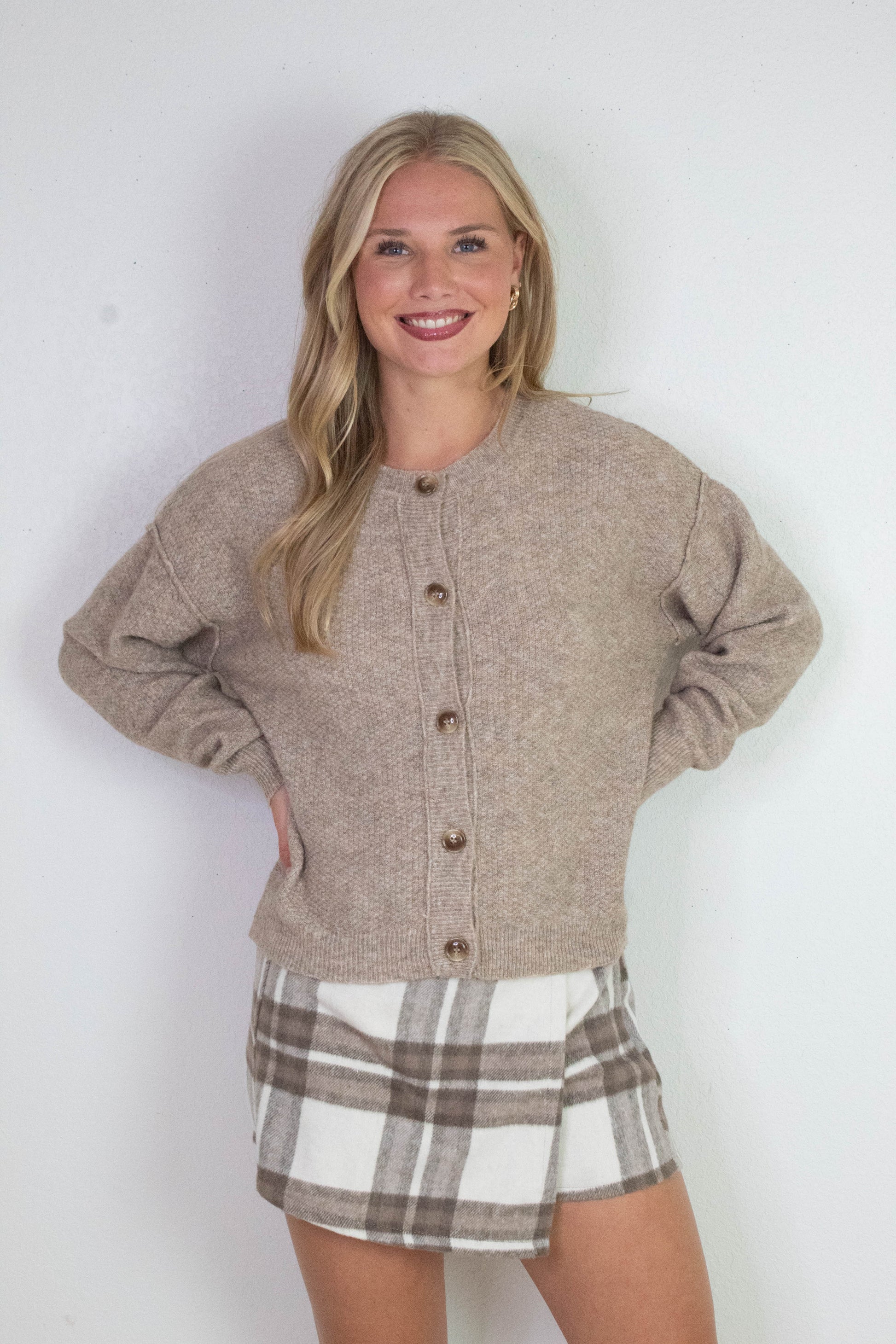  Aria Rib Trim Round Neck Cardigan, Khaki