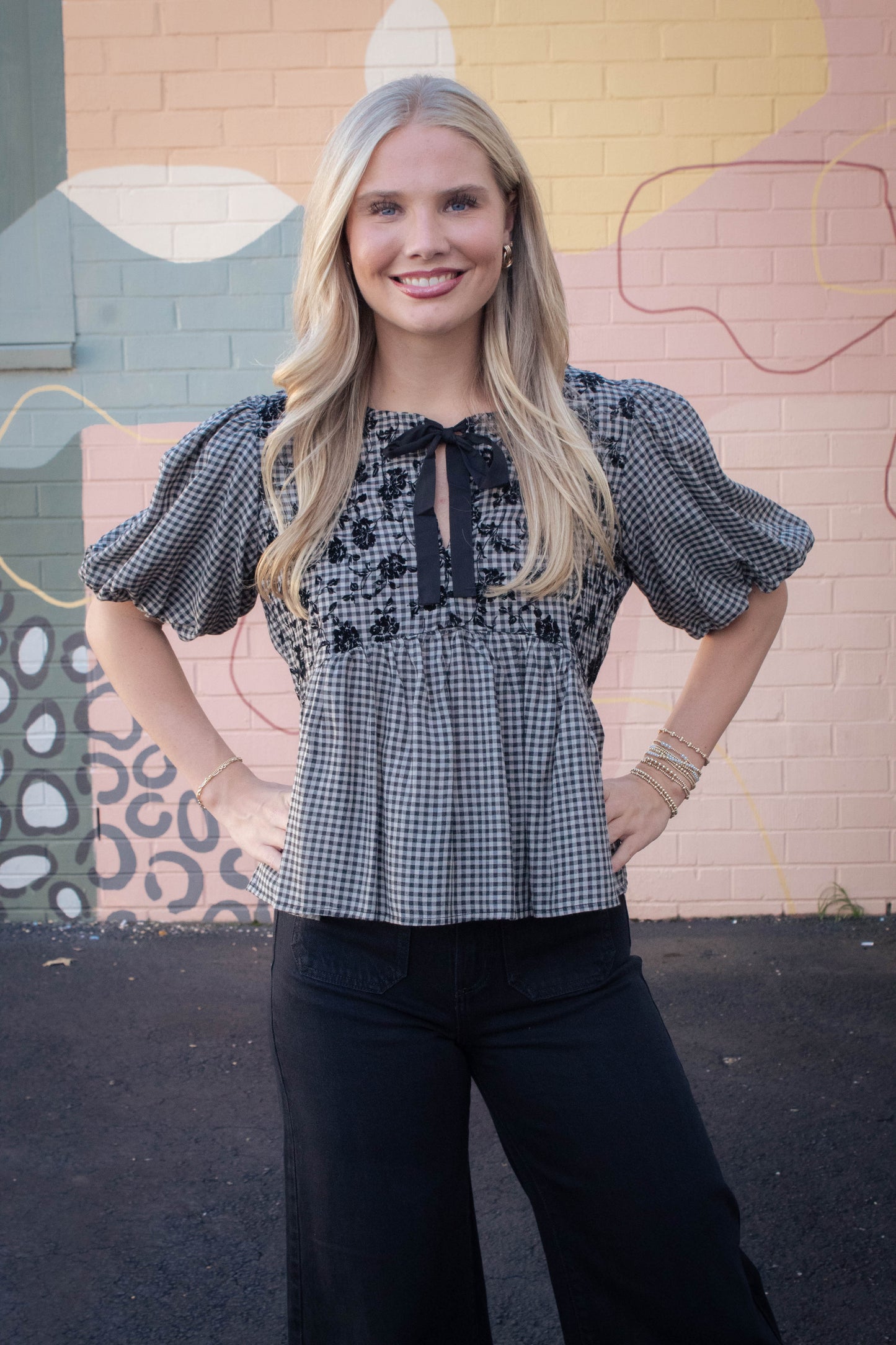  Riley Gingham Bow Tie Babydoll Top, Black