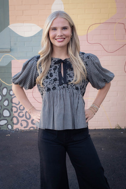  Riley Gingham Bow Tie Babydoll Top, Black