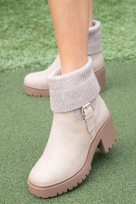  Rhoda Foldover Platform Bootie, Sand Nubuck