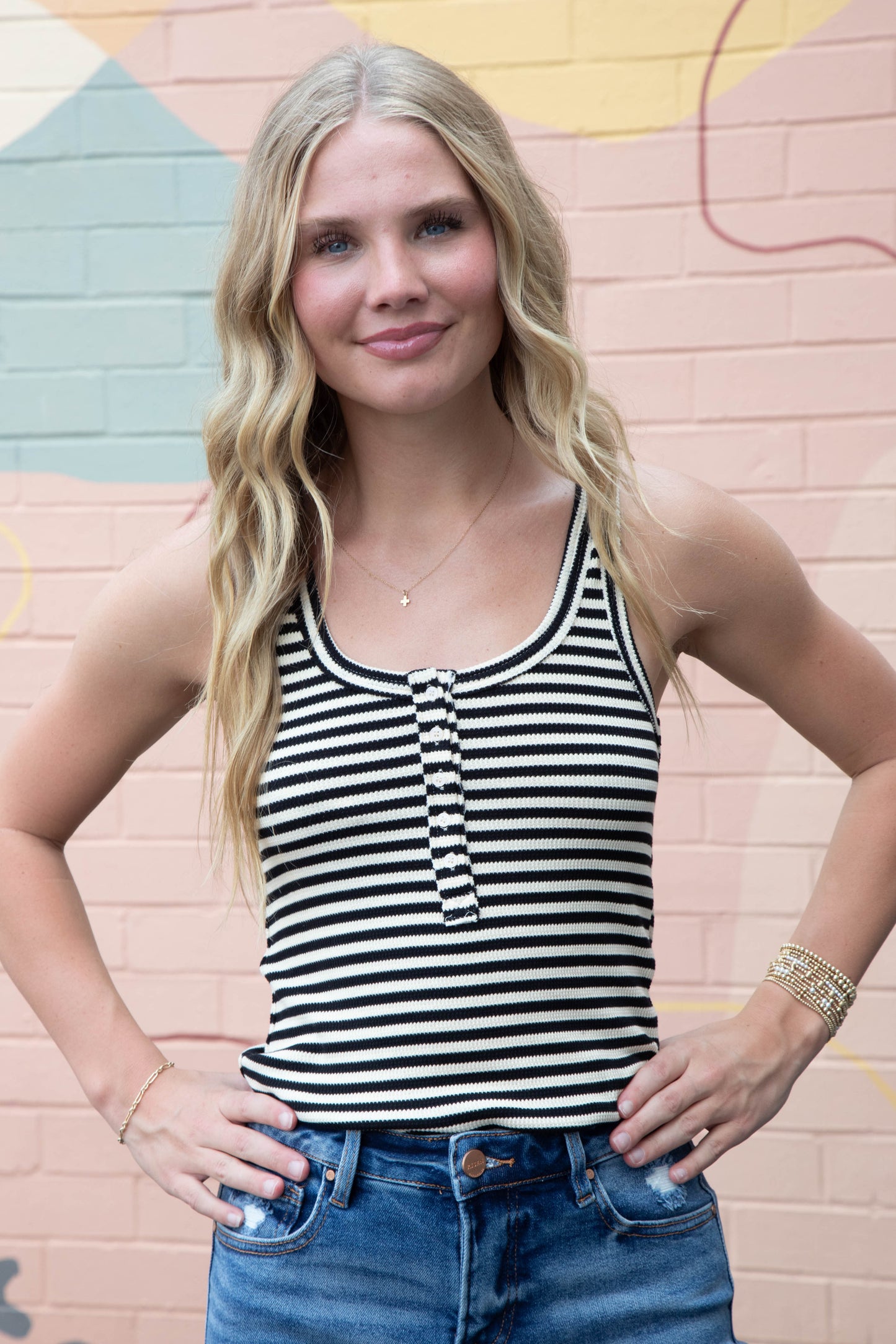  Mikayla Striped Scoop Neck Tank, Black Stripe