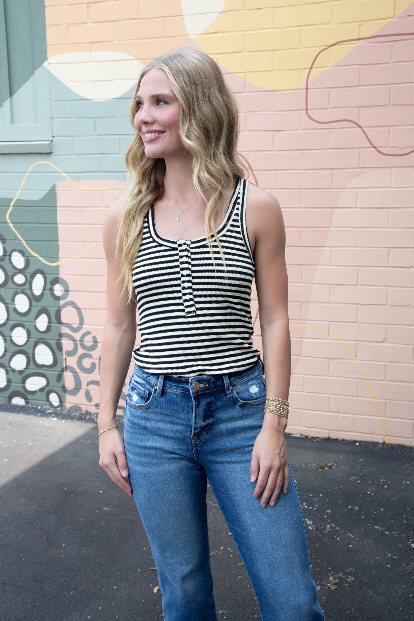  Mikayla Striped Scoop Neck Tank, Black Stripe