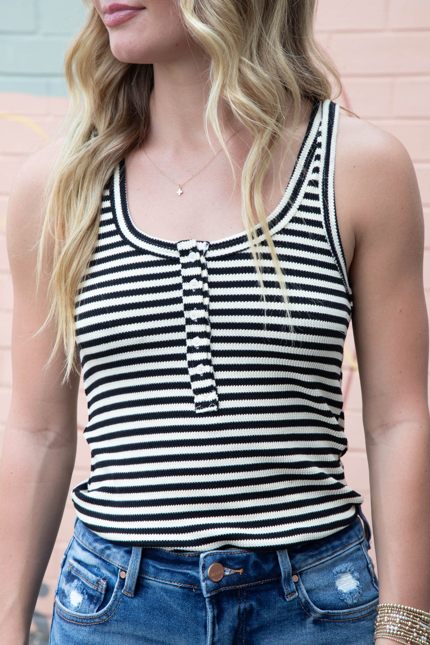  Mikayla Striped Scoop Neck Tank, Black Stripe