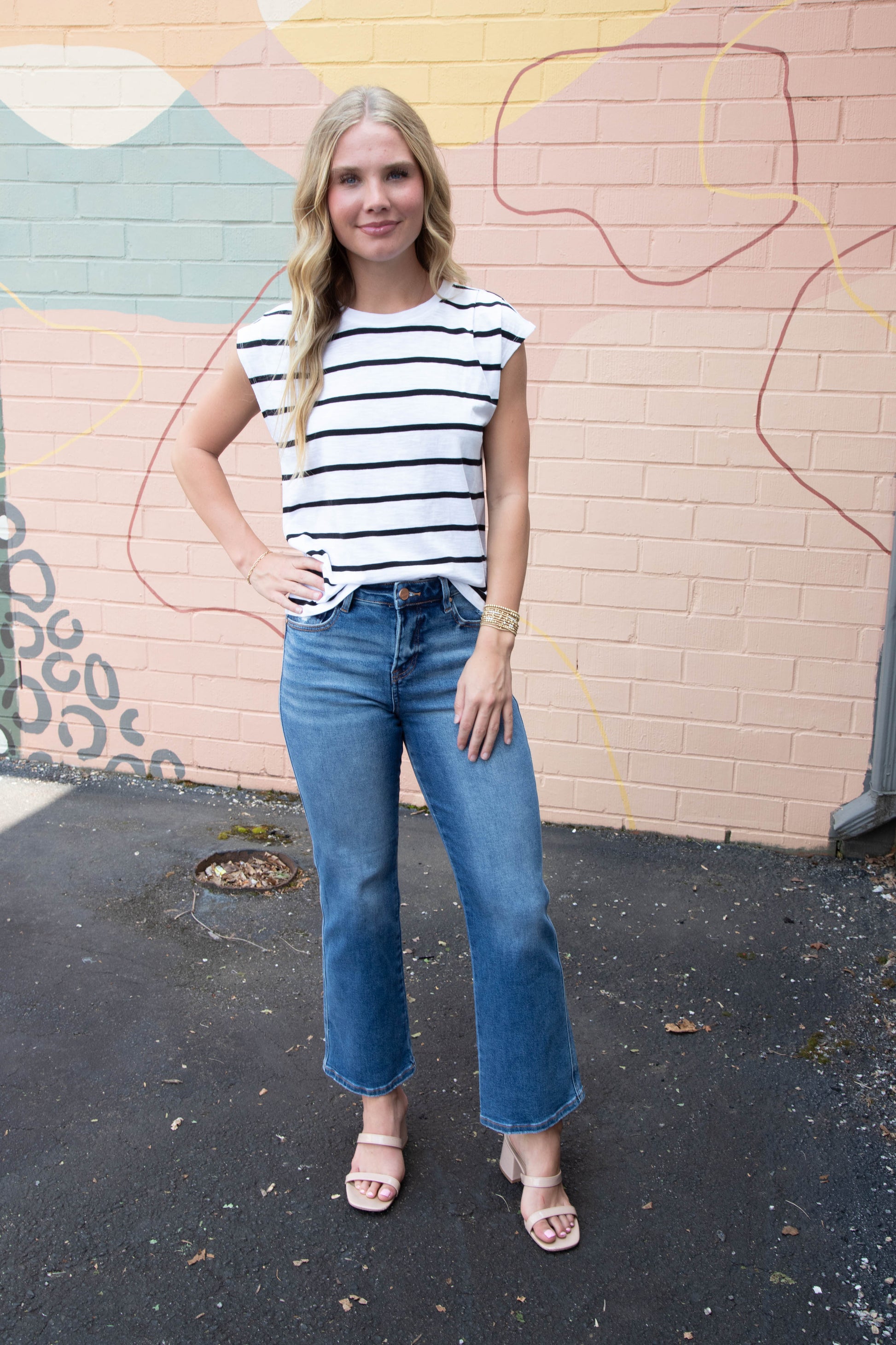  Frankie Pleated Muscle Tee, White/Black Stripe | Sanctuary