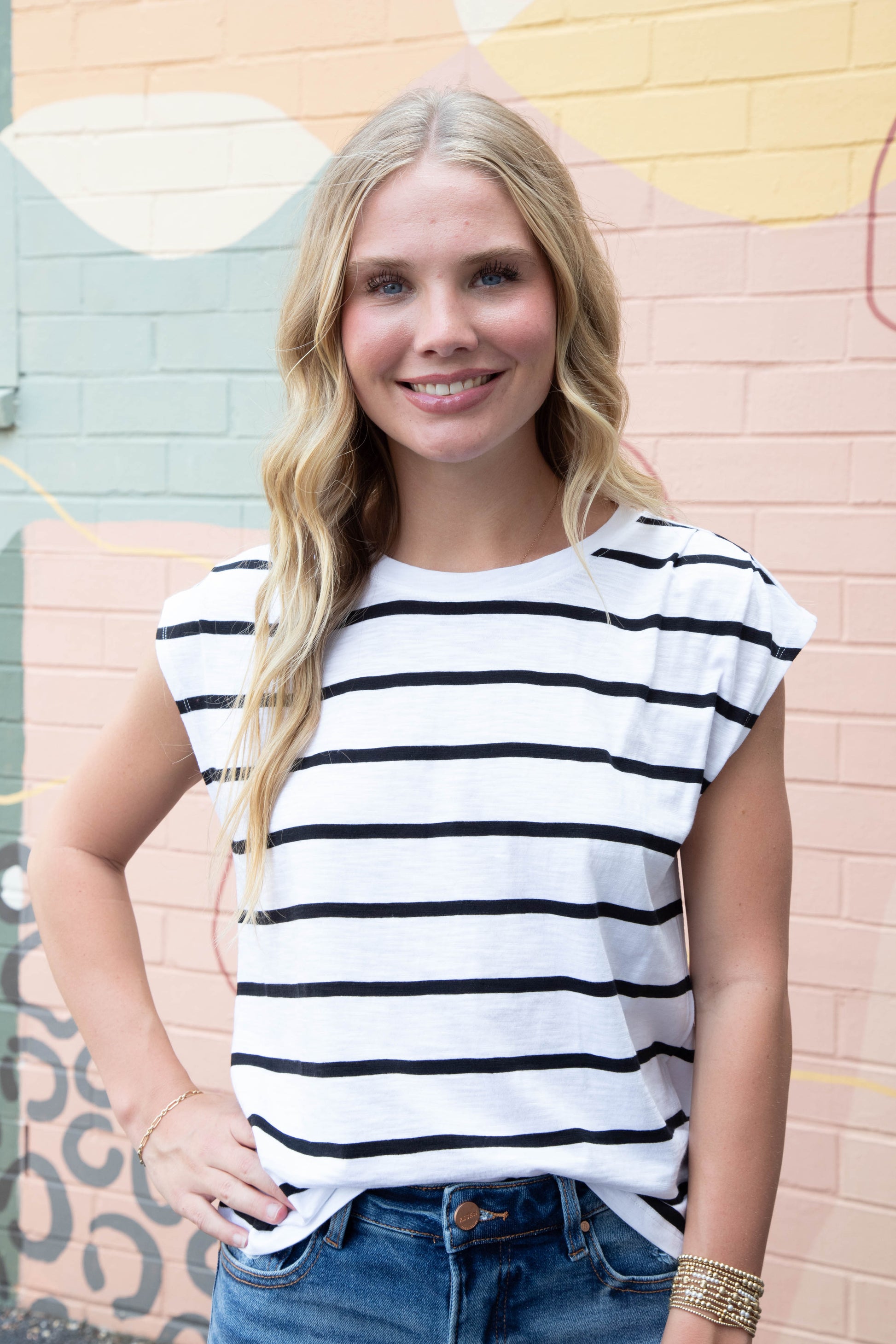 Frankie Pleated Muscle Tee, White/Black Stripe | Sanctuary
