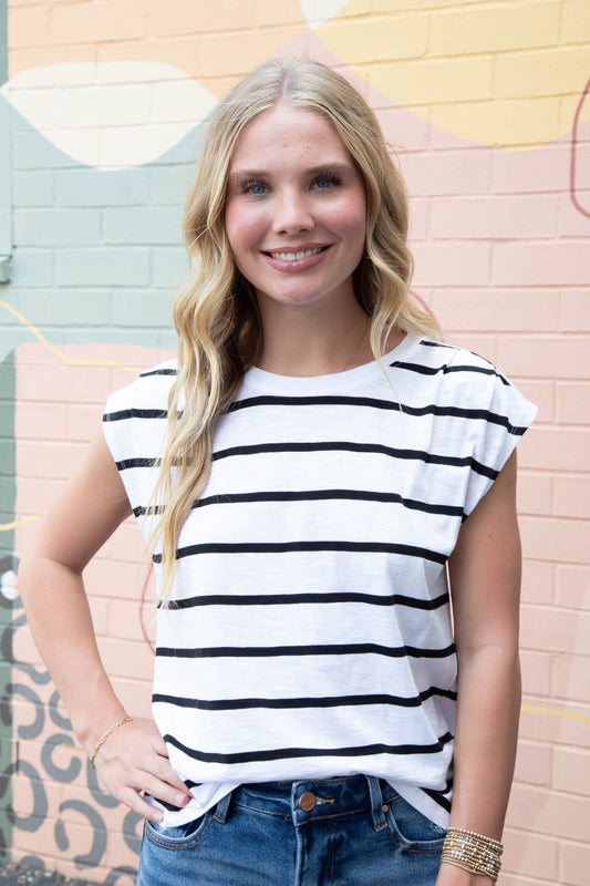  Frankie Pleated Muscle Tee, White/Black Stripe | Sanctuary