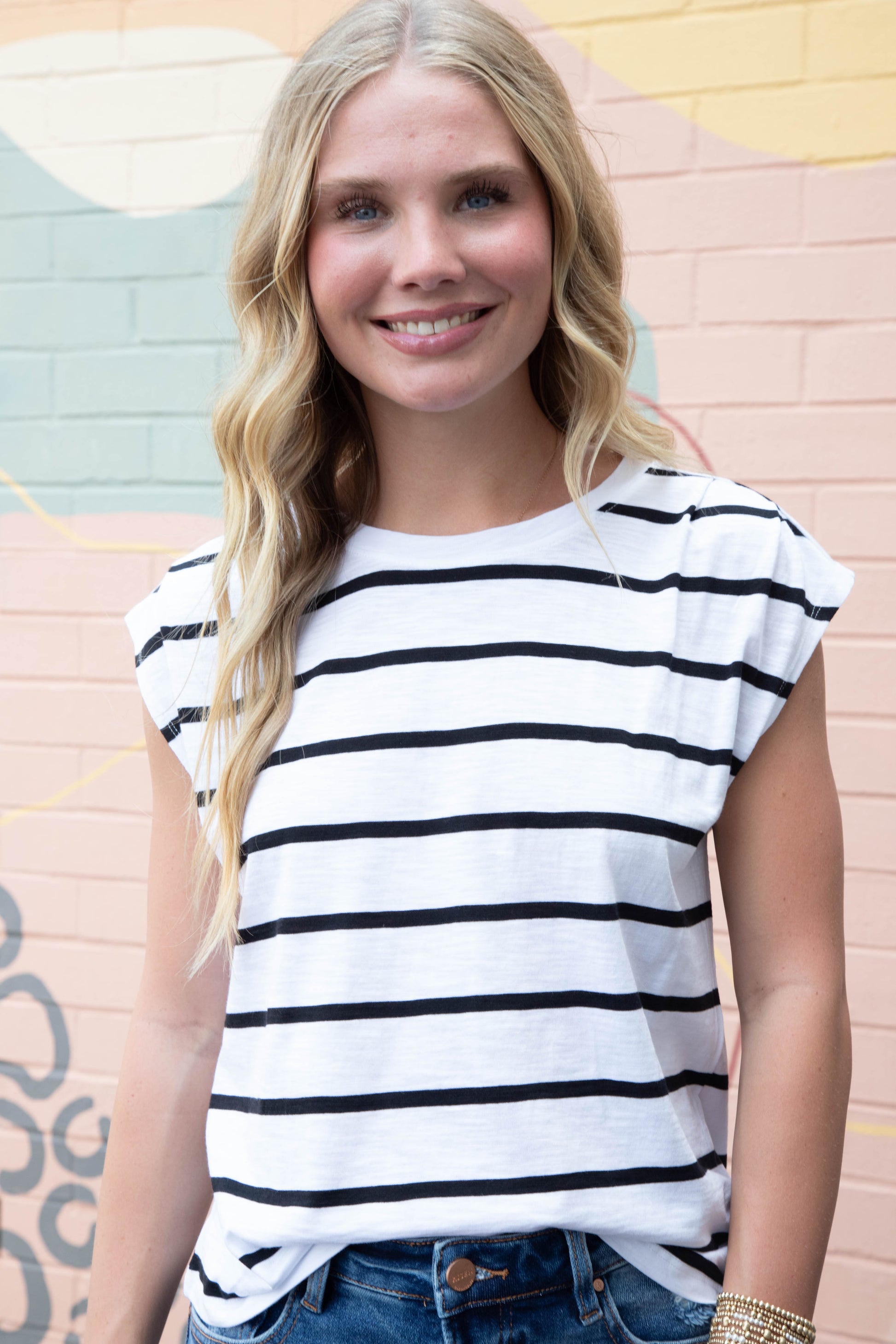  Frankie Pleated Muscle Tee, White/Black Stripe | Sanctuary