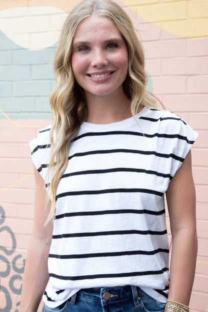  Frankie Pleated Muscle Tee, White/Black Stripe | Sanctuary
