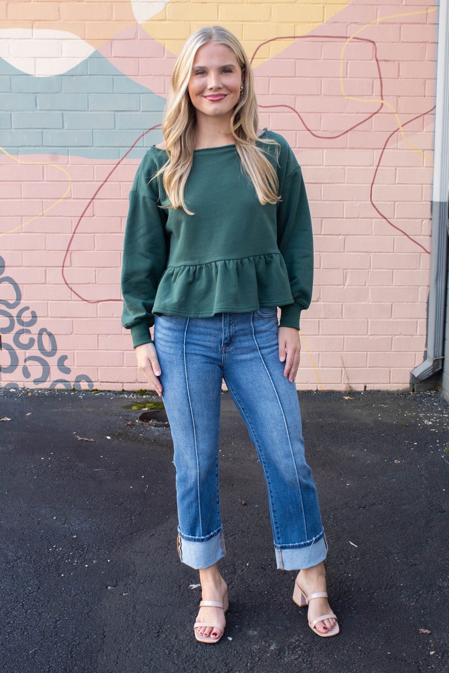  Arabella Peplum Hem Sweatshirt, Hunter Green