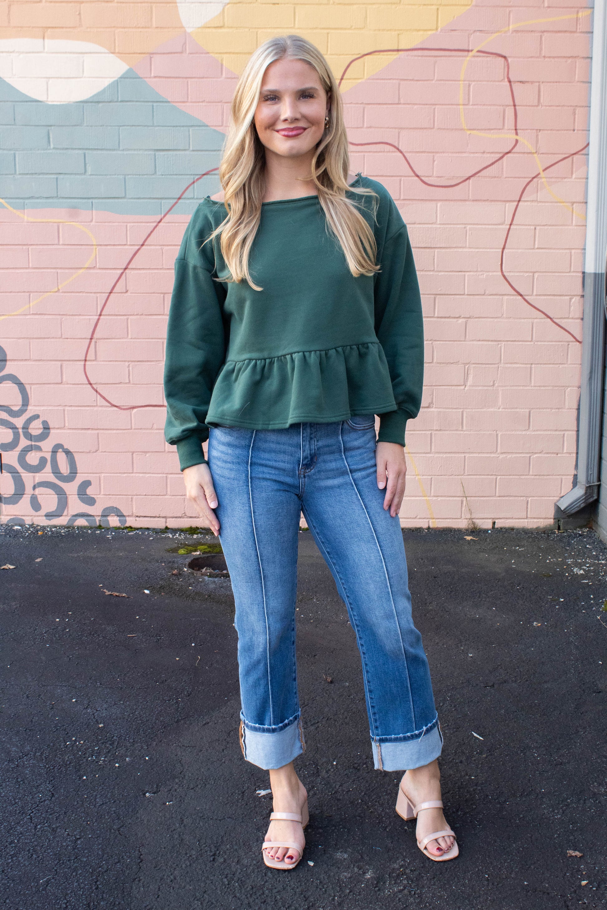  Arabella Peplum Hem Sweatshirt, Hunter Green