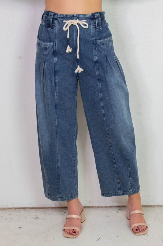  Raya Drawstring Barrel Leg Pants, Washed Denim