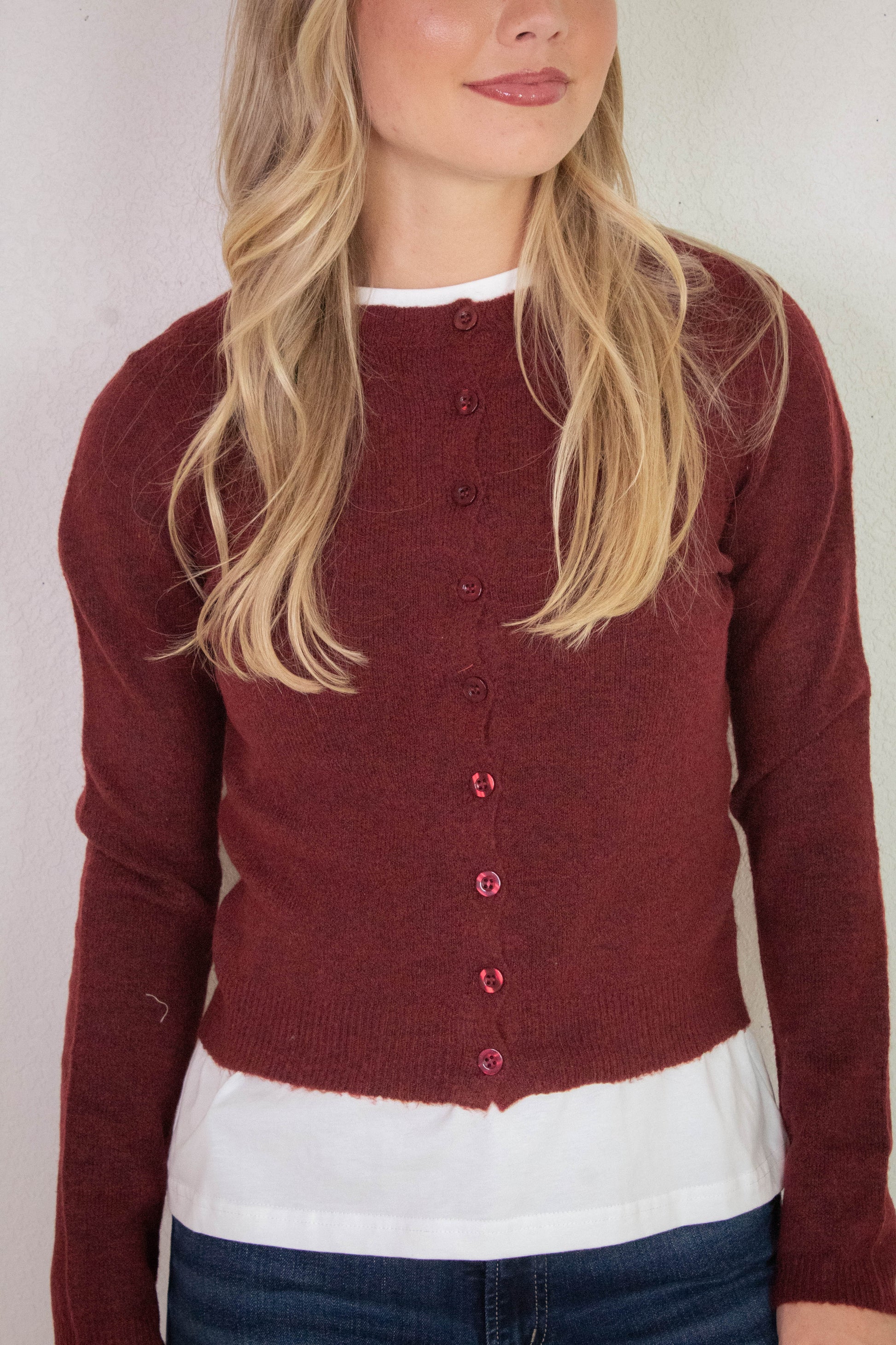  Nia Button Down Cardigan, Burgundy