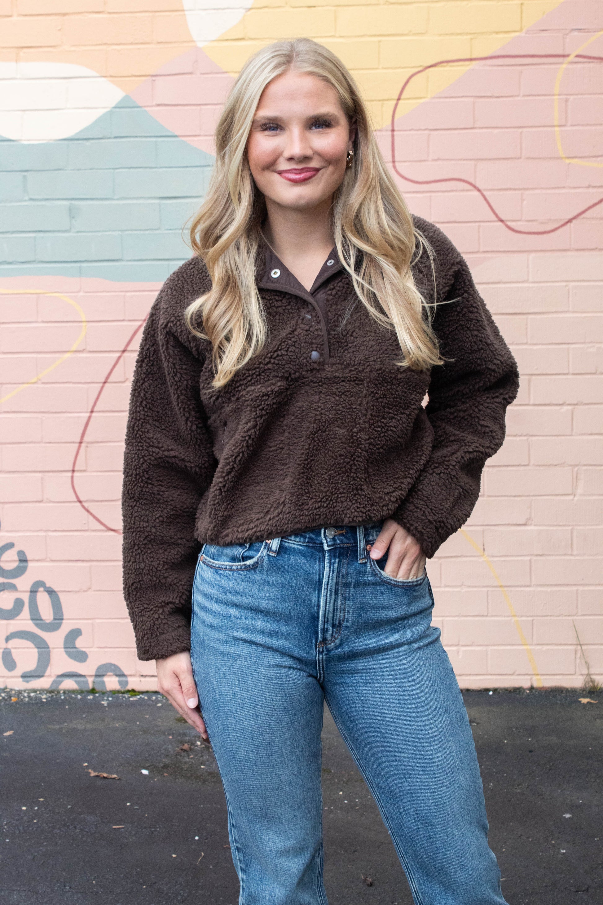  Aria Sherpa Button Neck Jacket, Brown