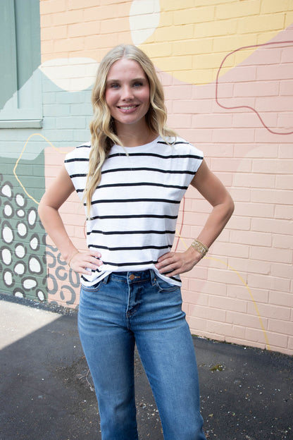  Frankie Pleated Muscle Tee, White/Black Stripe | Sanctuary