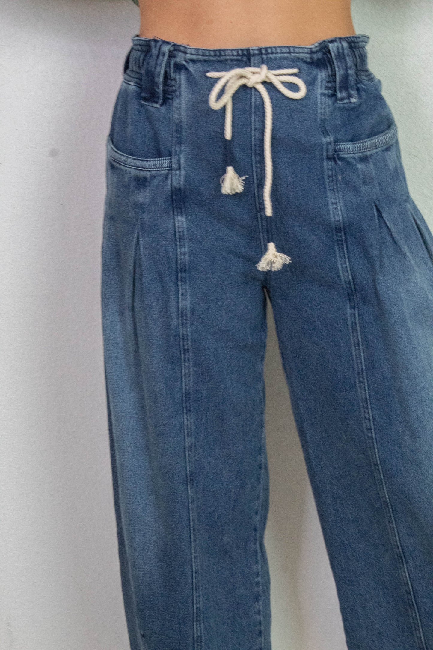  Raya Drawstring Barrel Leg Pants, Washed Denim