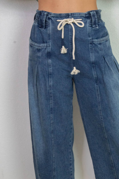  Raya Drawstring Barrel Leg Pants, Washed Denim