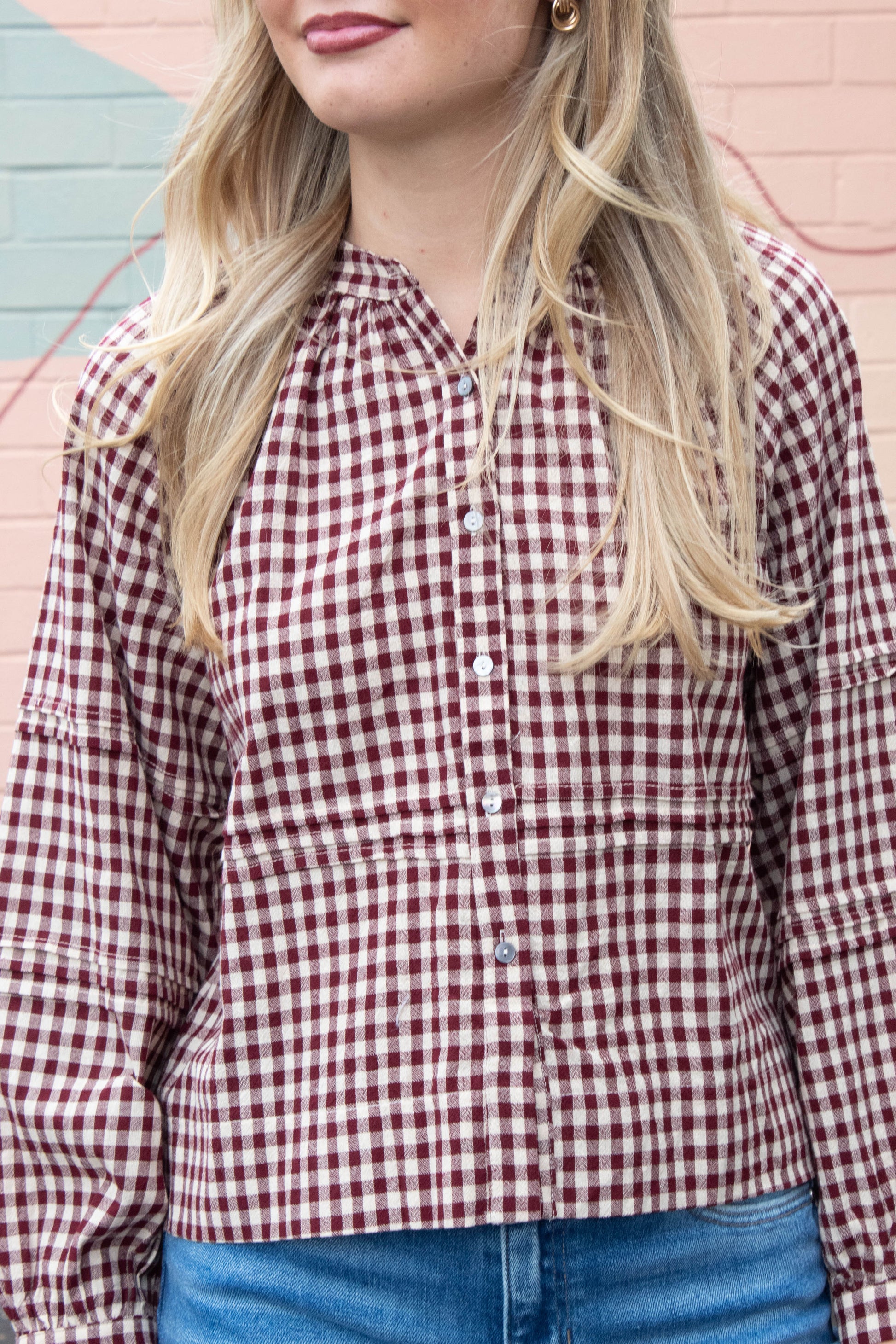  Emilia Checkered Shirt, Burgundy Taupe