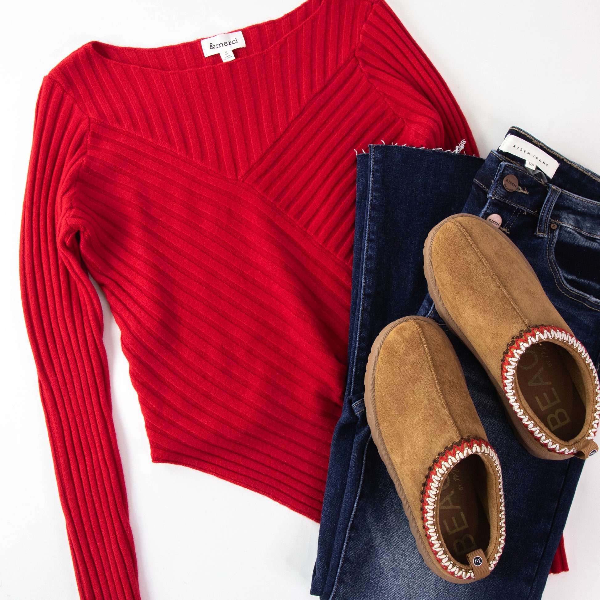  Paige Pointed Hem Ribbed Sweater, Red