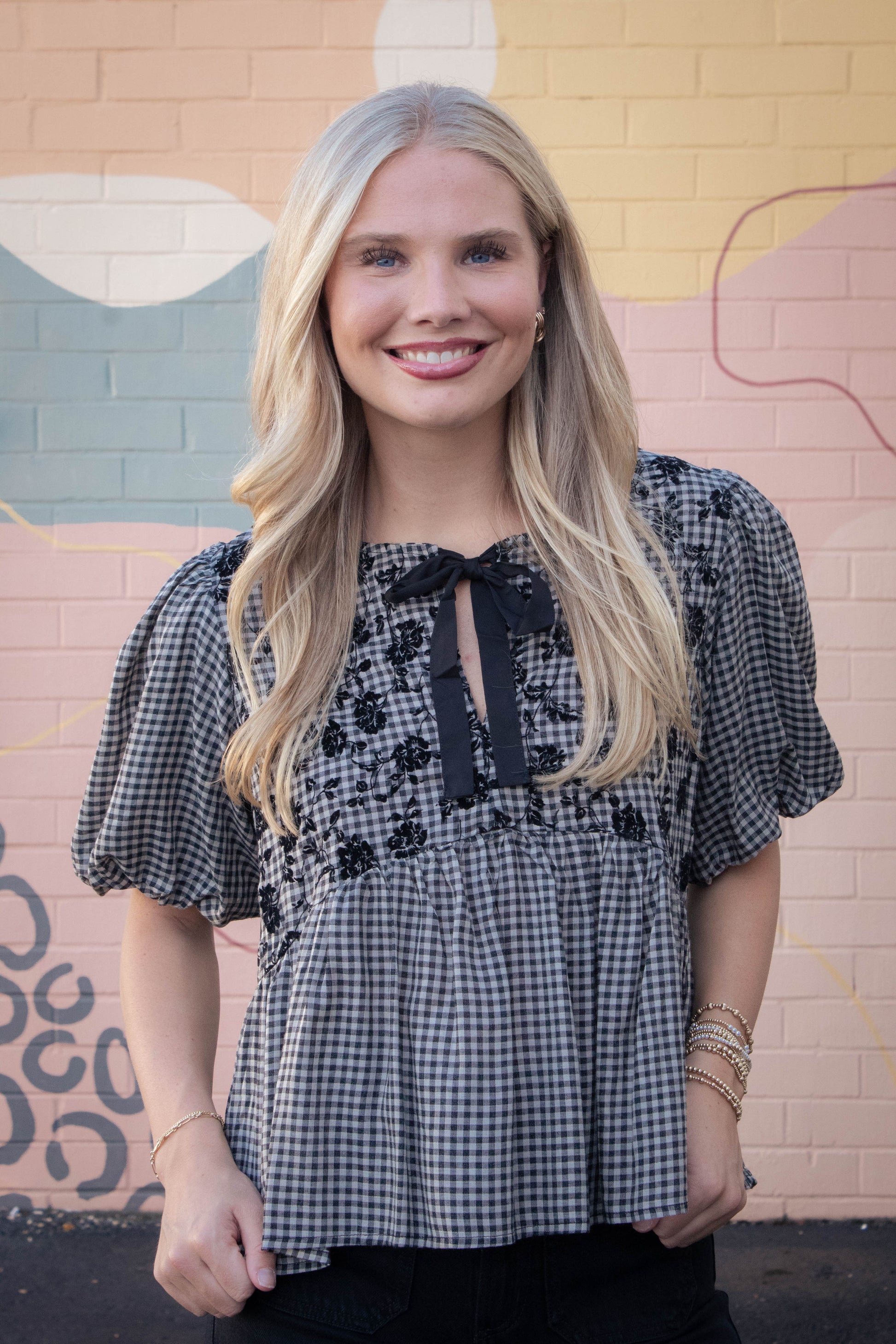  Riley Gingham Bow Tie Babydoll Top, Black