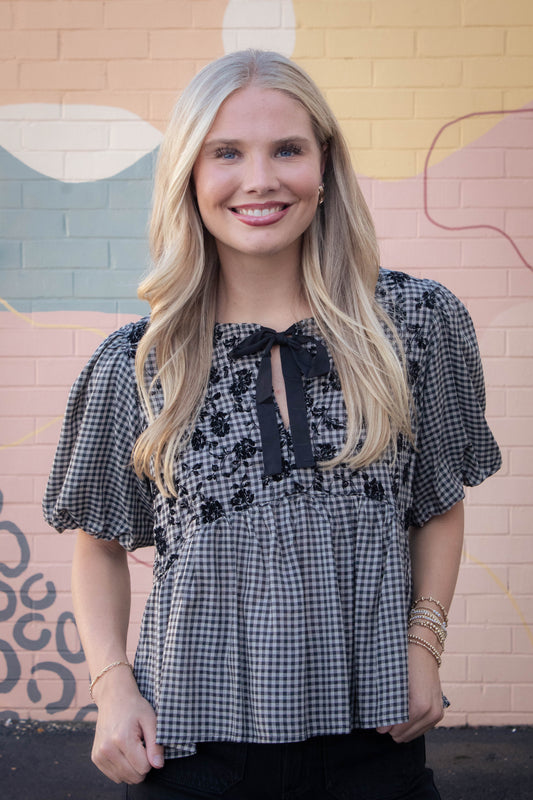  Riley Gingham Bow Tie Babydoll Top, Black