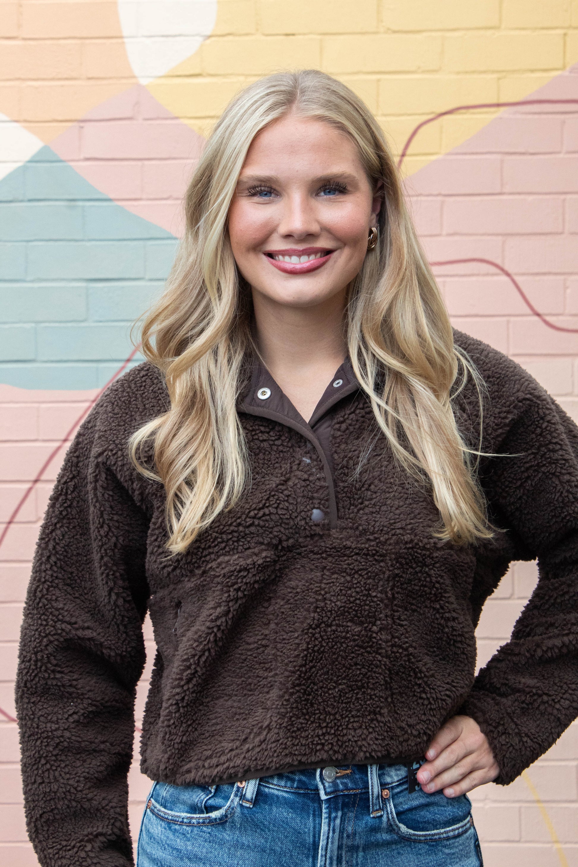  Aria Sherpa Button Neck Jacket, Brown