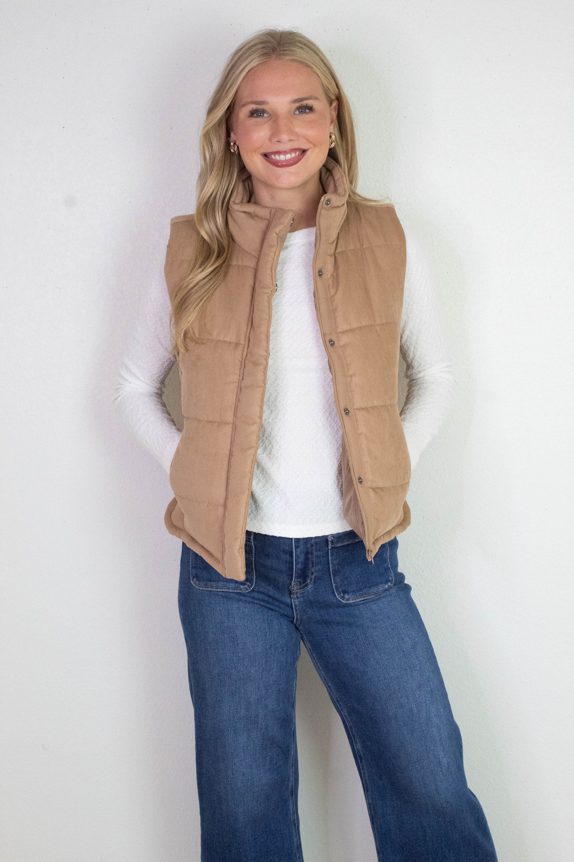 Be Cool Isabelle Suede Puffer Vest, Camel