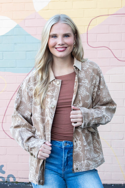  Angelica Corduroy Collared Floral Jacket, Light Brown