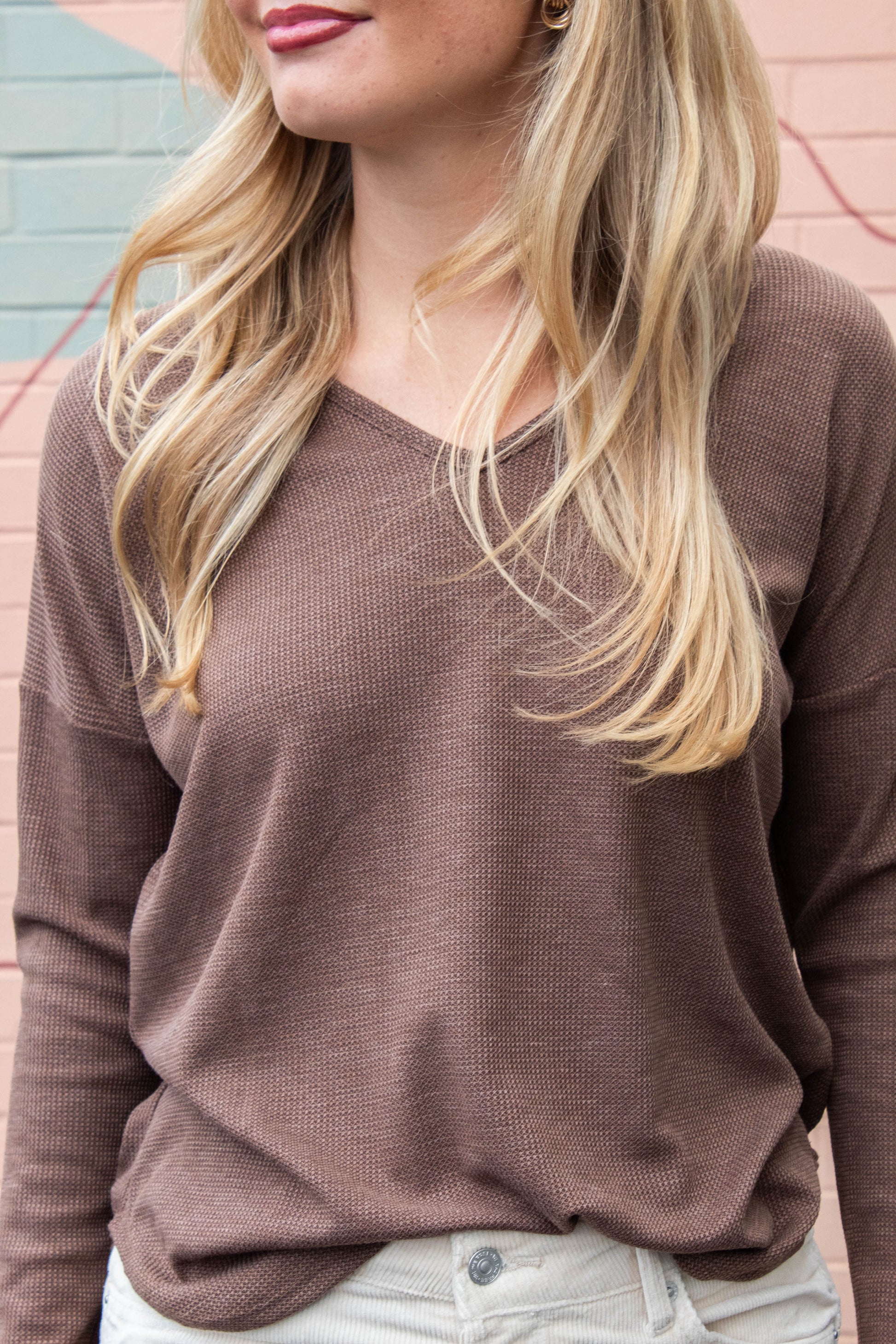  Gabrielle Round Hem Thermal Top, Dark Mocha