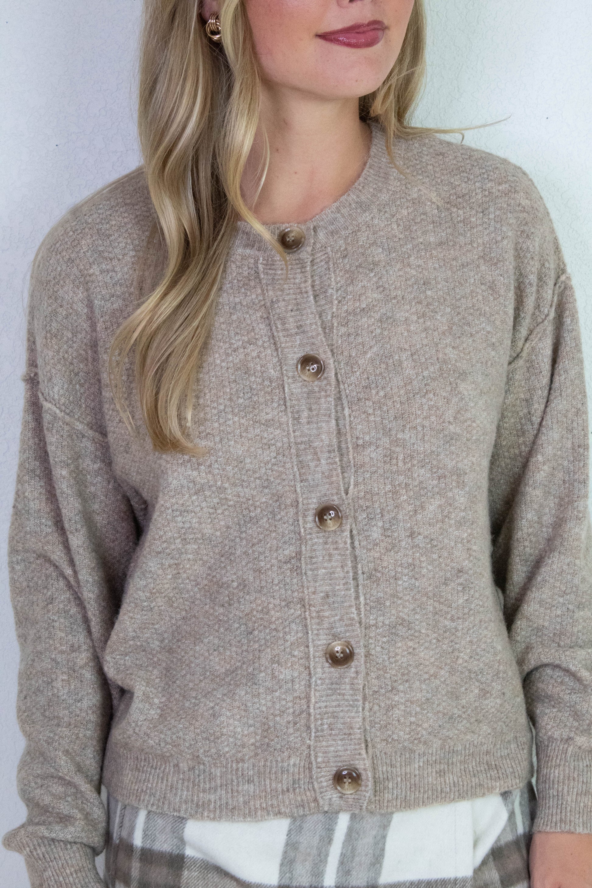  Aria Rib Trim Round Neck Cardigan, Khaki