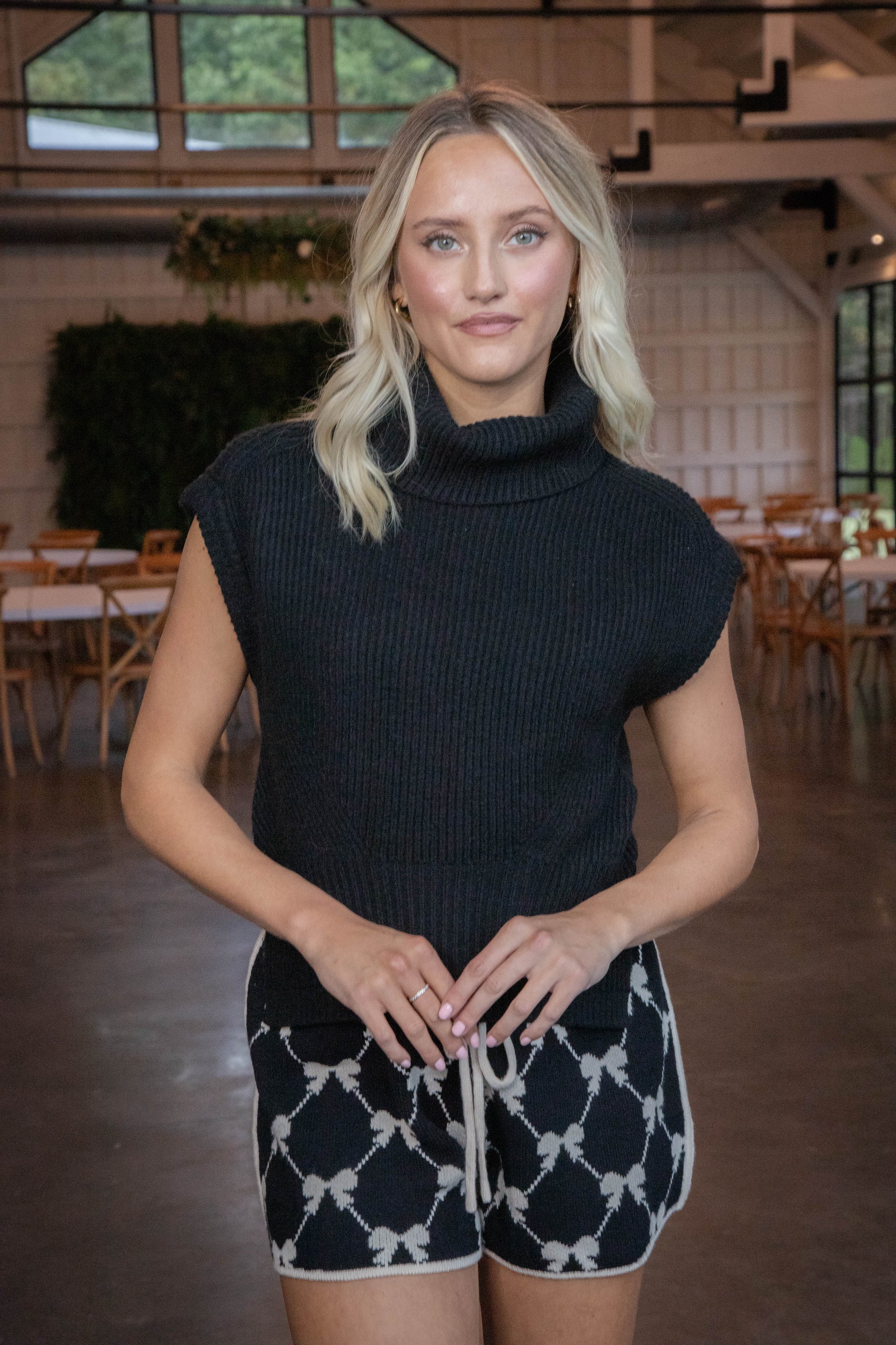  Julianne Bow Front Knit Shorts, Black