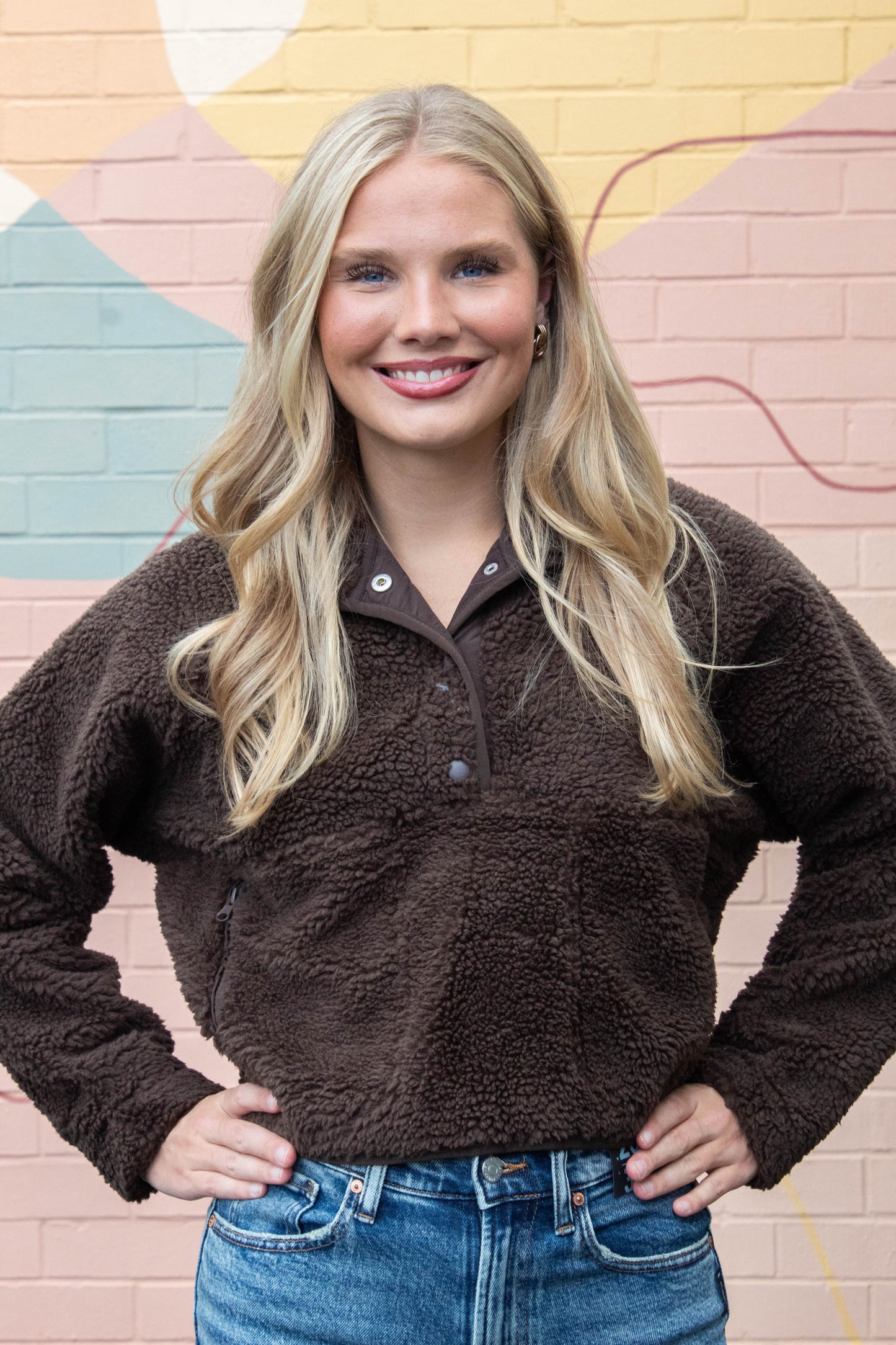  Aria Sherpa Button Neck Jacket, Brown