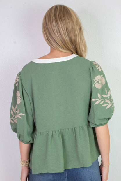  Bella Embroidered Peplum Blouse, Basil Green