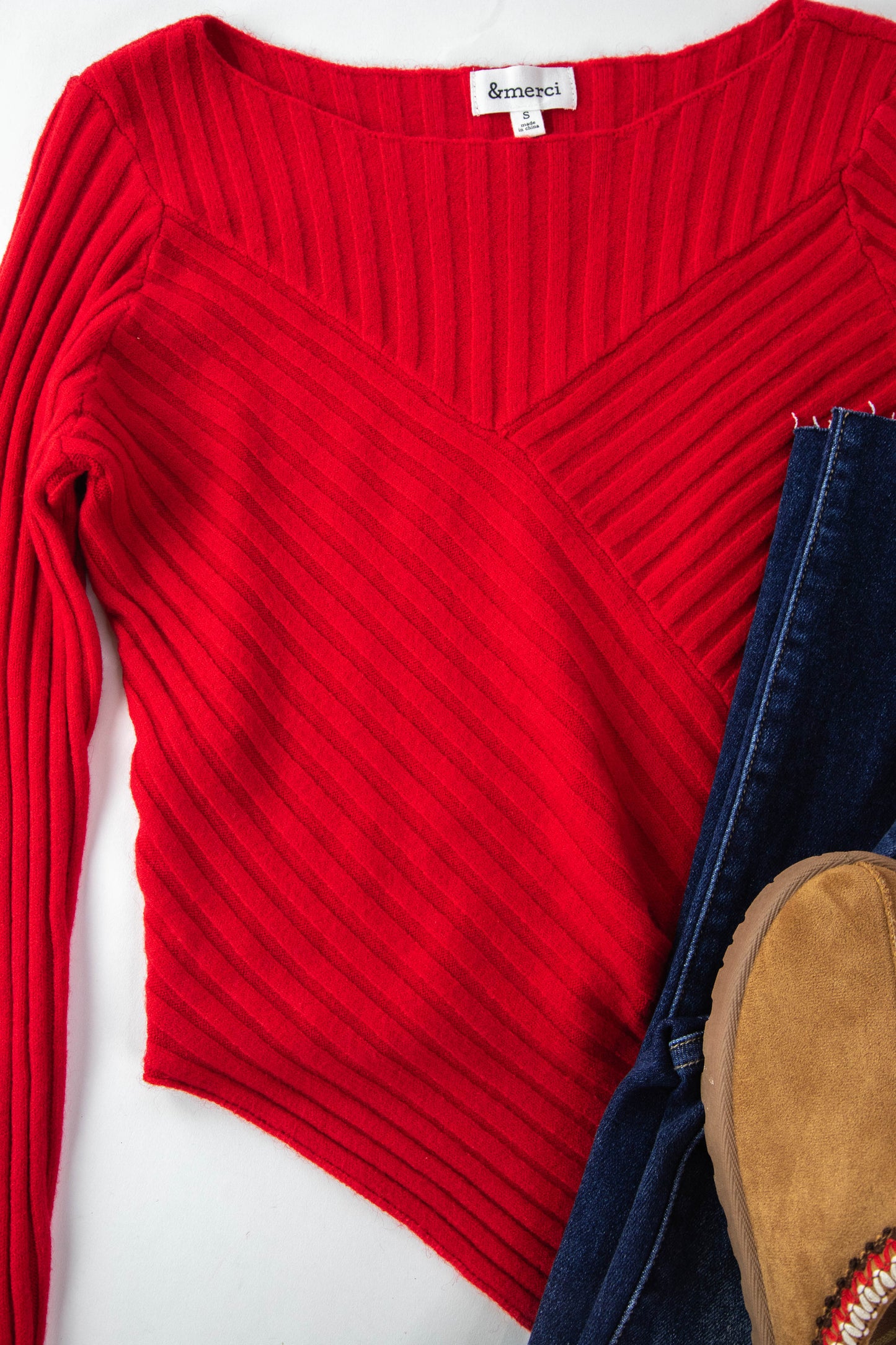  Paige Pointed Hem Ribbed Sweater, Red