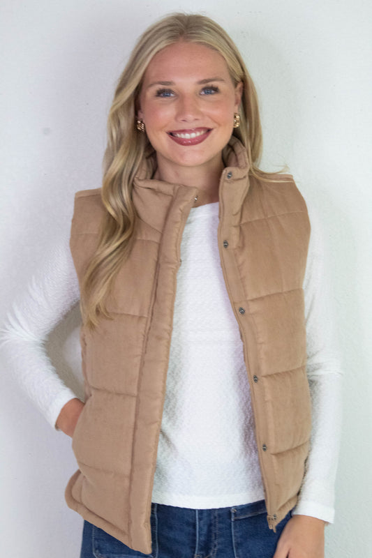 Be Cool Isabelle Suede Puffer Vest, Camel