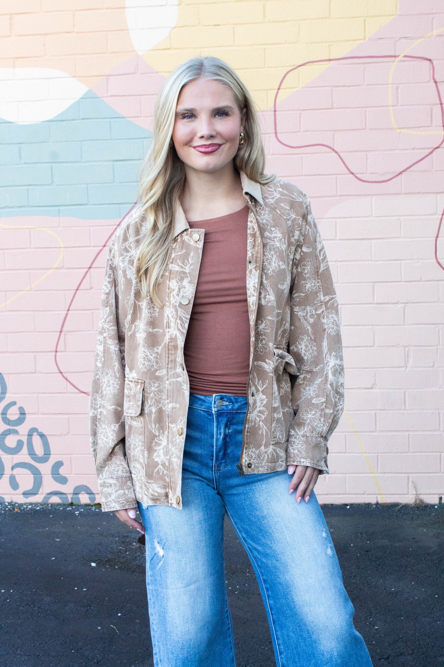  Angelica Corduroy Collared Floral Jacket, Light Brown