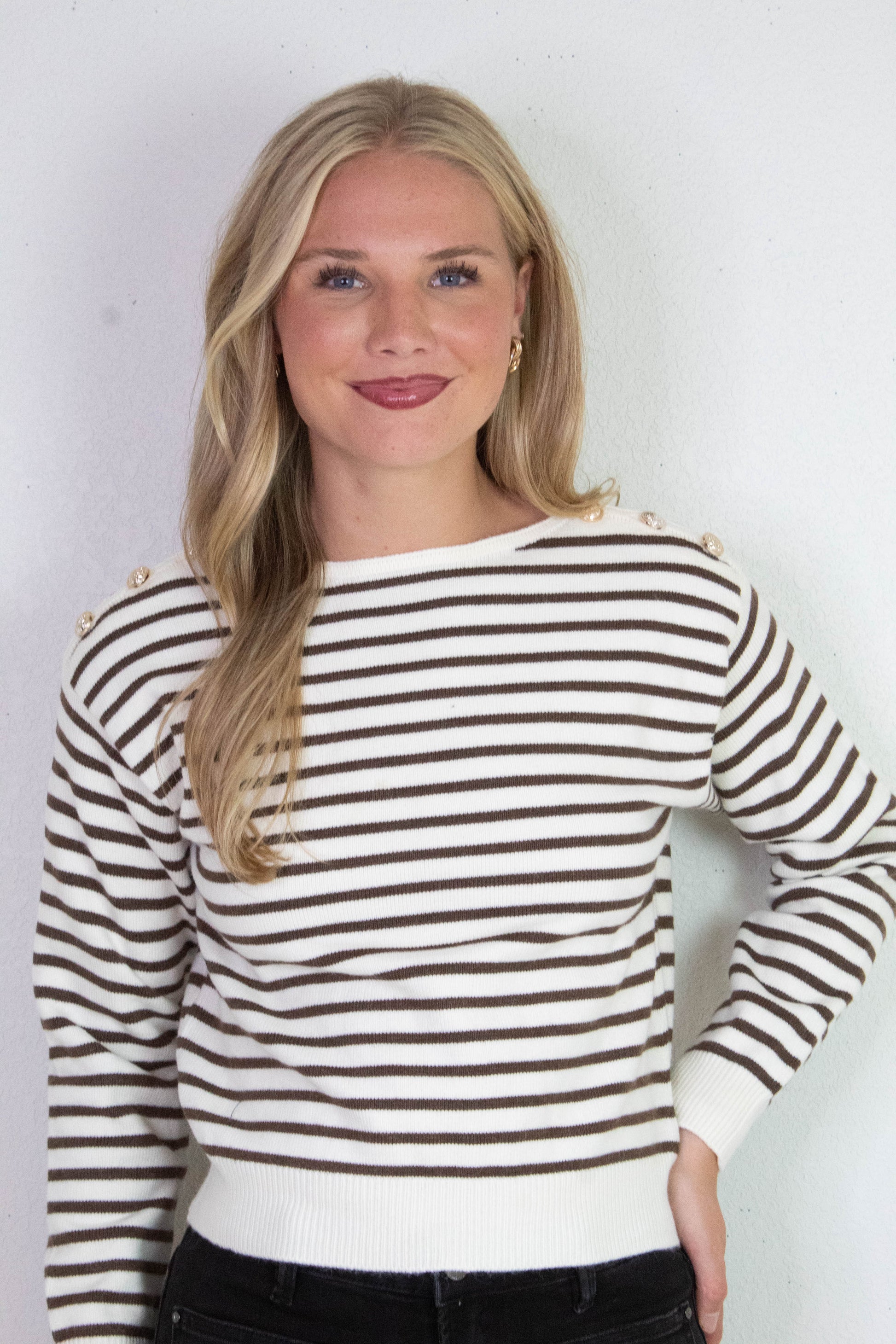  Eloise Buttoned Shoulder Sweater, Cream/Brown
