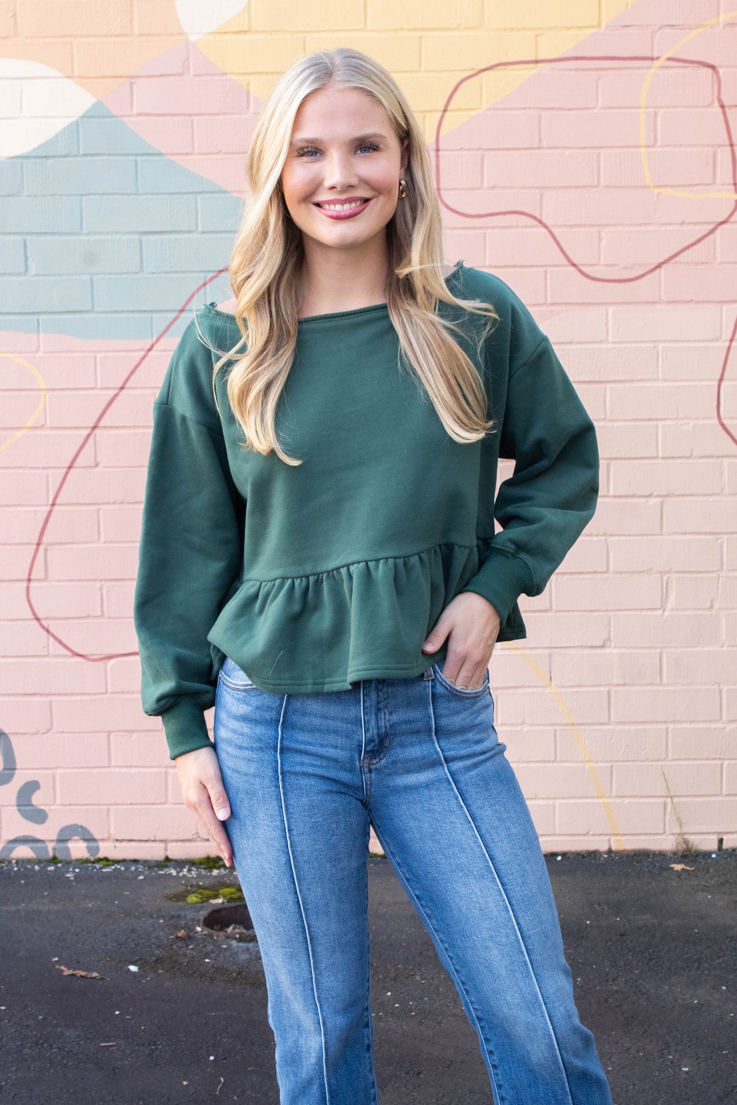  Arabella Peplum Hem Sweatshirt, Hunter Green