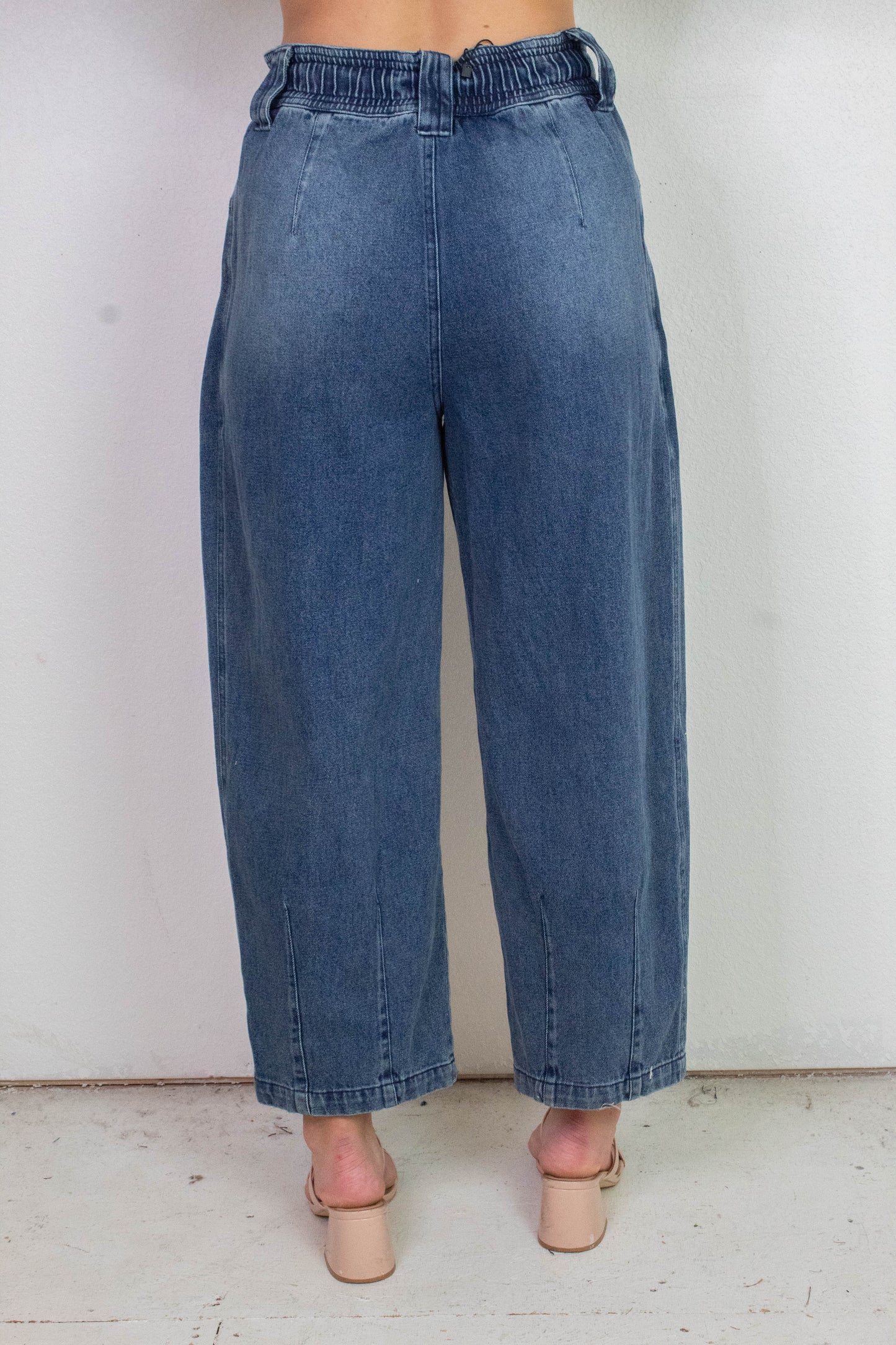  Raya Drawstring Barrel Leg Pants, Washed Denim