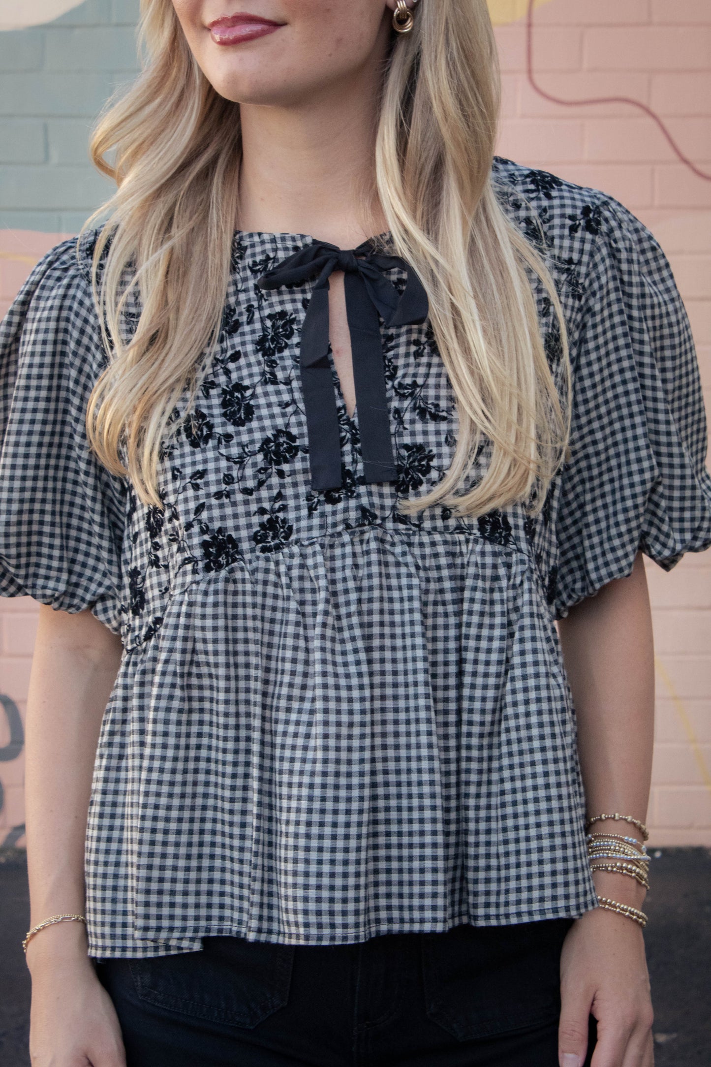  Riley Gingham Bow Tie Babydoll Top, Black
