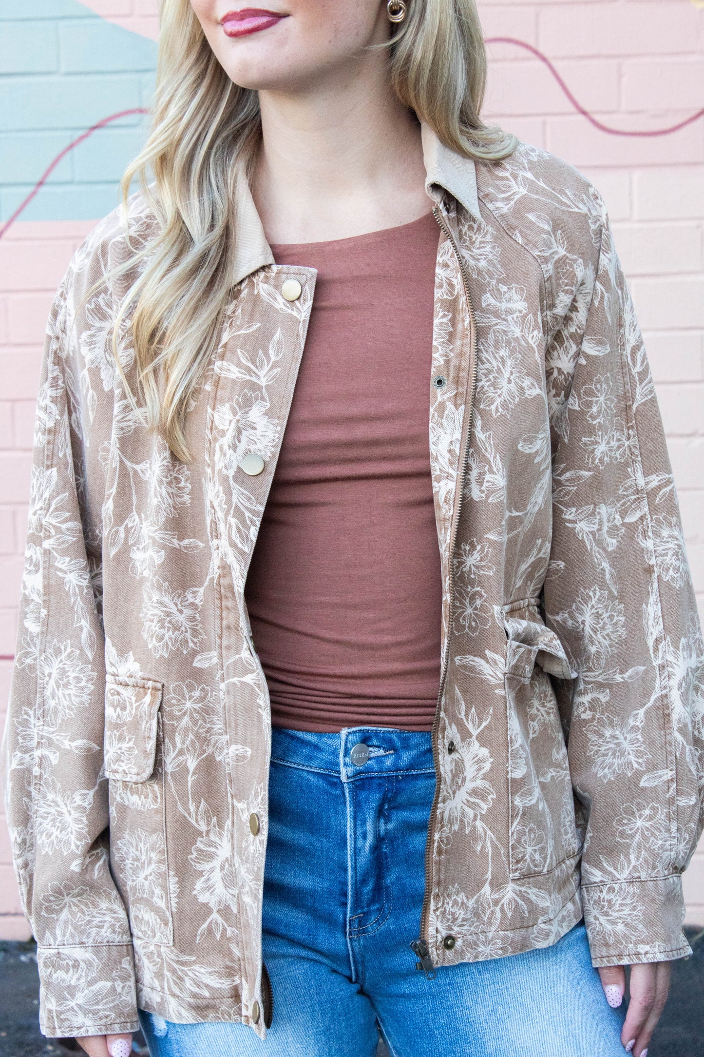  Angelica Corduroy Collared Floral Jacket, Light Brown