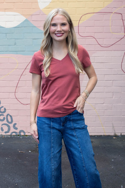 Be Cool Tatum Cotton Jersey V-Neck Tee, Chili Oil