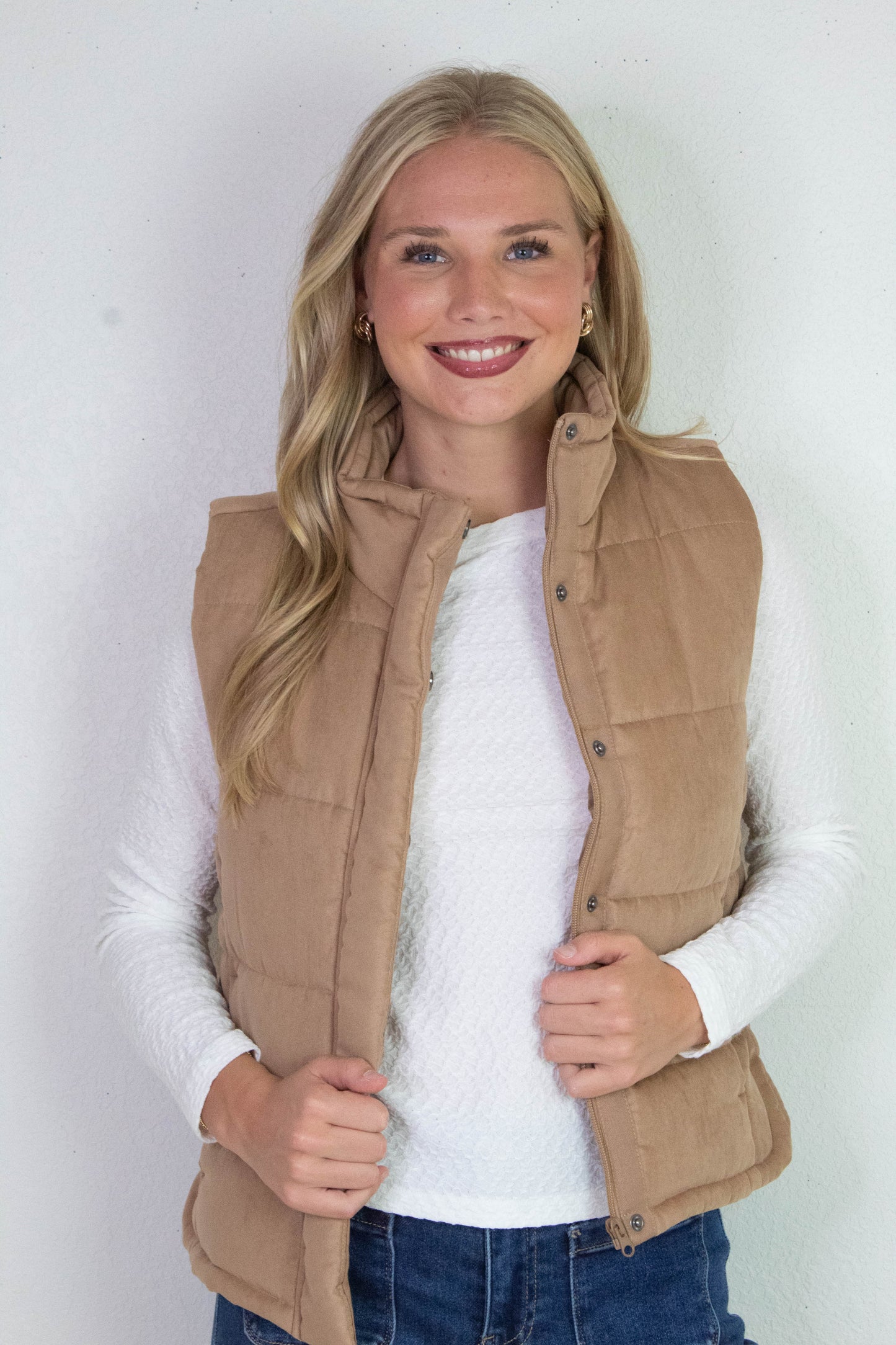 Be Cool Isabelle Suede Puffer Vest, Camel