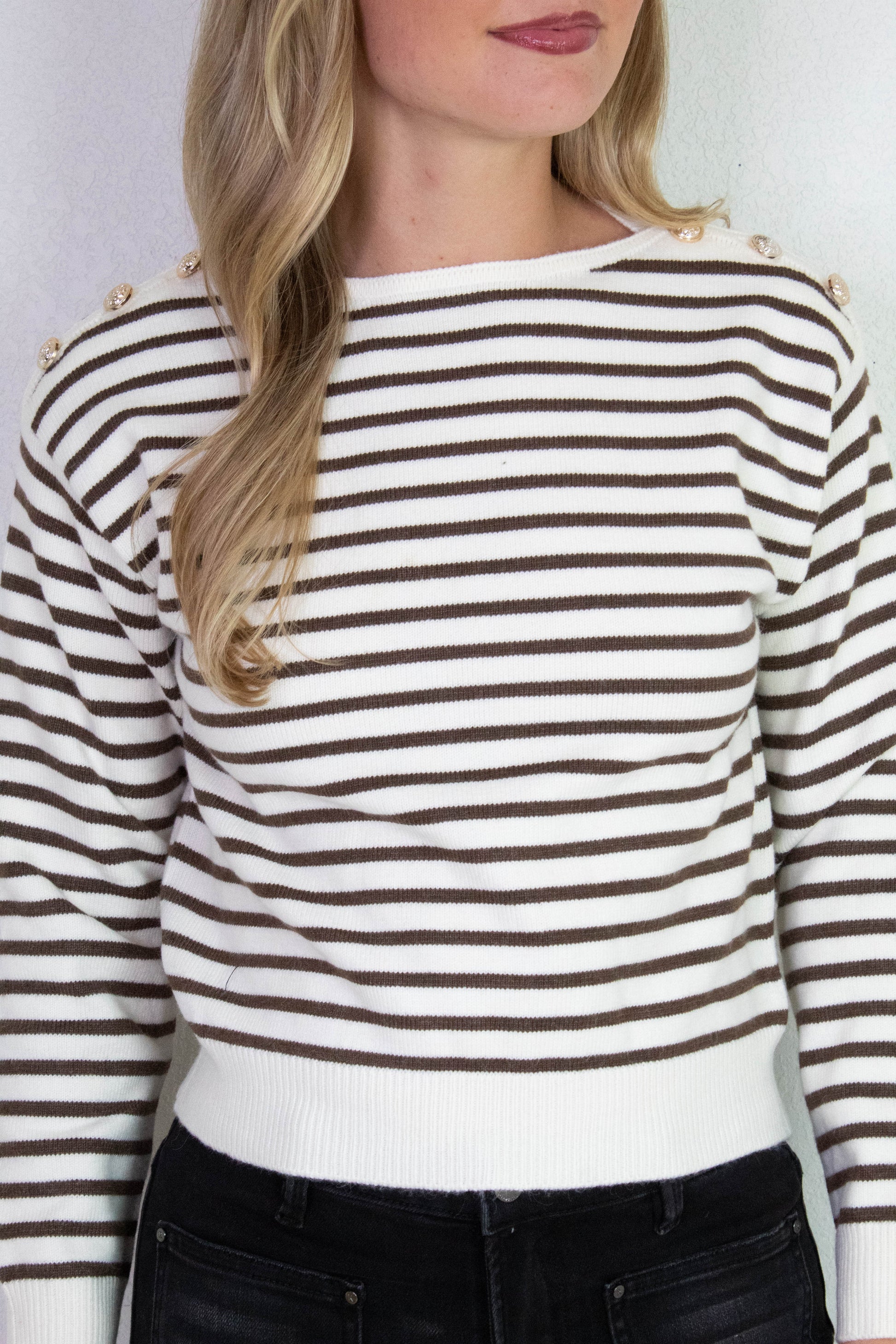  Eloise Buttoned Shoulder Sweater, Cream/Brown