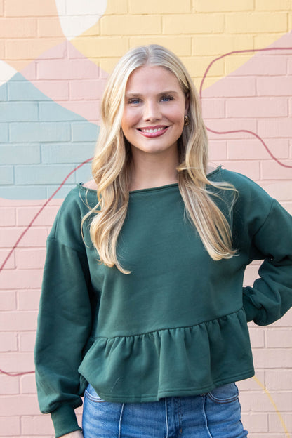  Arabella Peplum Hem Sweatshirt, Hunter Green