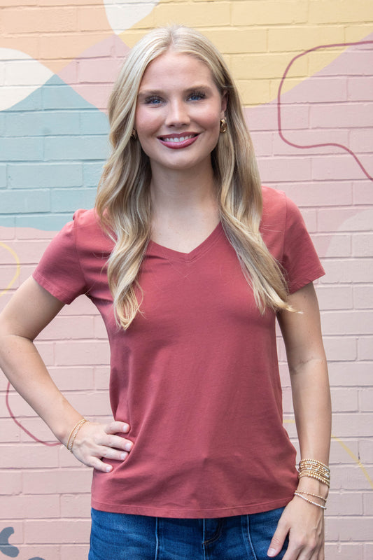 Be Cool Tatum Cotton Jersey V-Neck Tee, Chili Oil