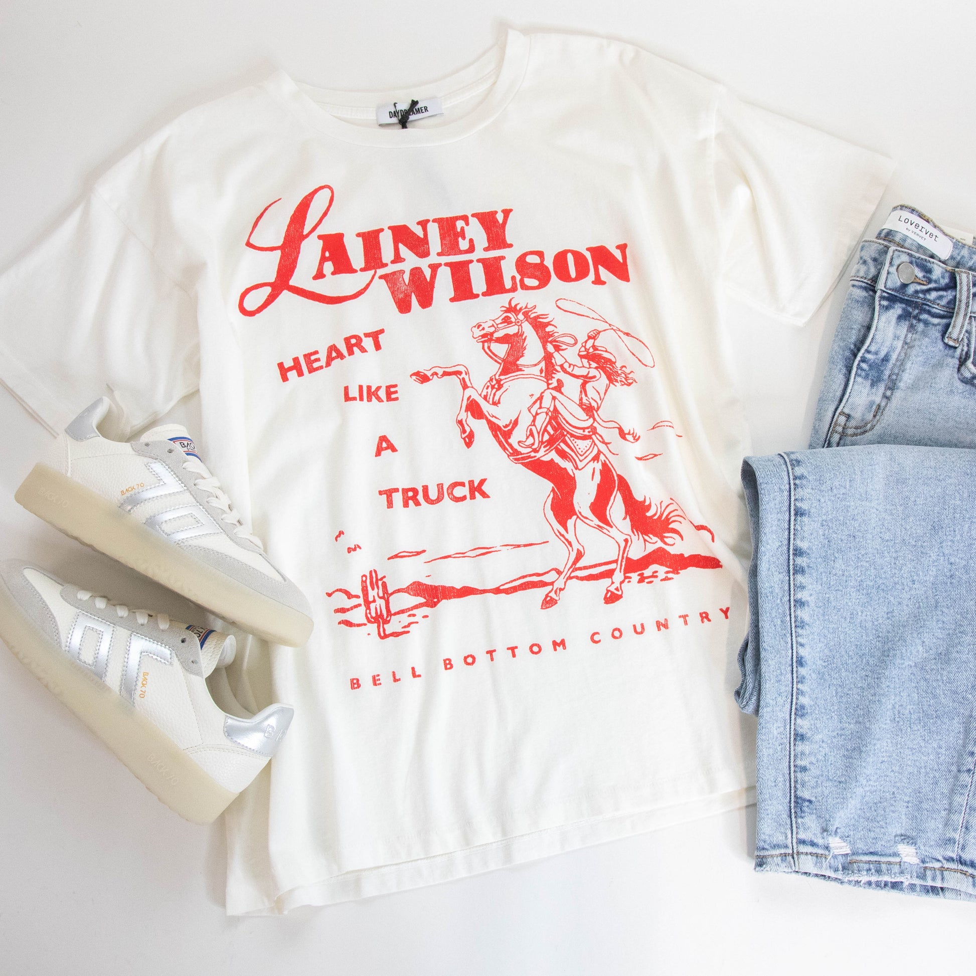  Lainey Wilson Bell Bottom Country Merch Tee, Vintage White | Daydreamer