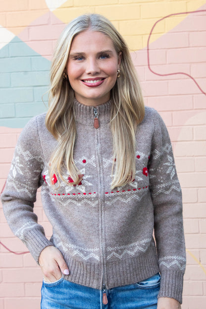  Nayeli Zip Up Embroidered Cardigan, Taupe | RD Style