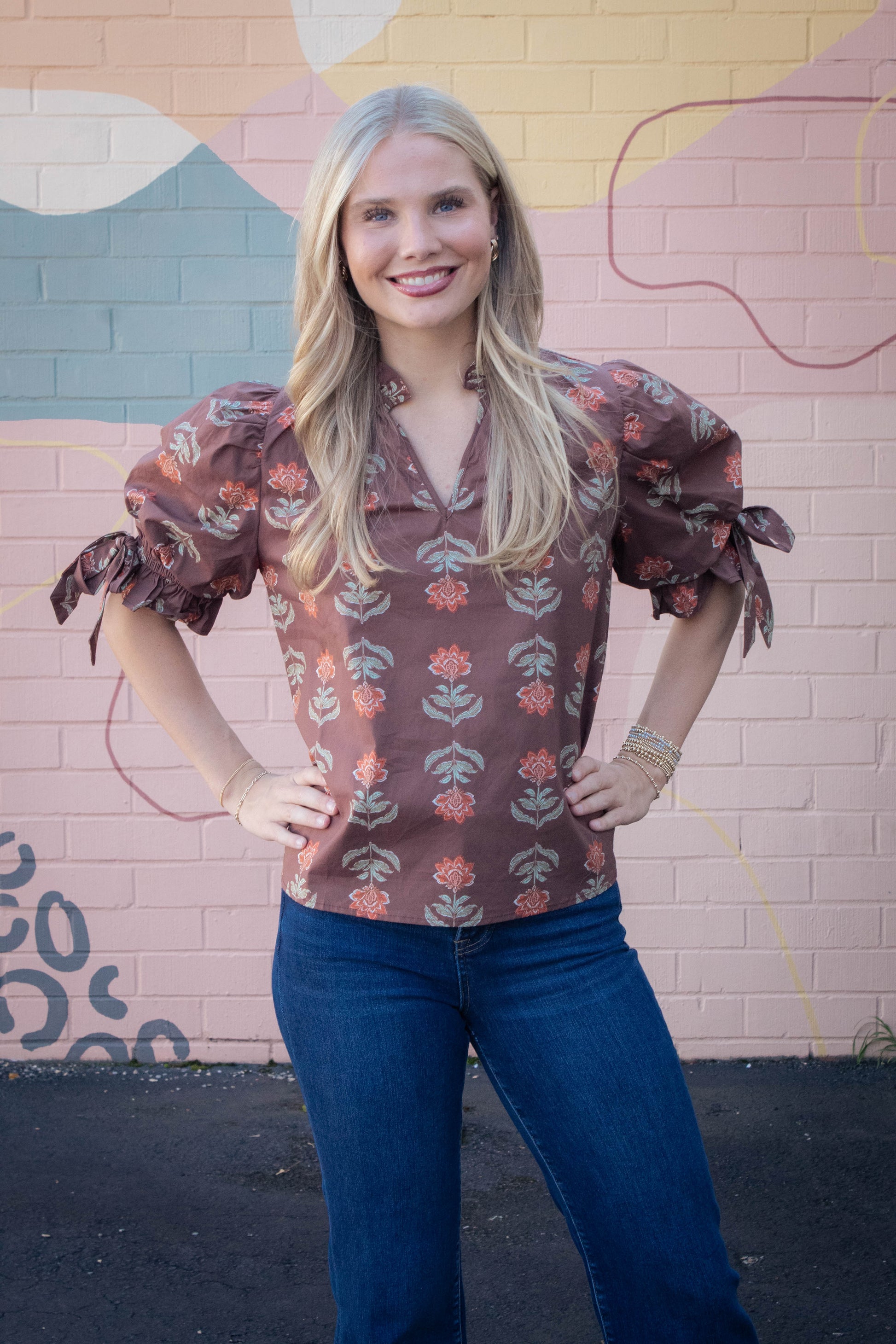  Athena Floral Print Ruffle Neck Top, Brown