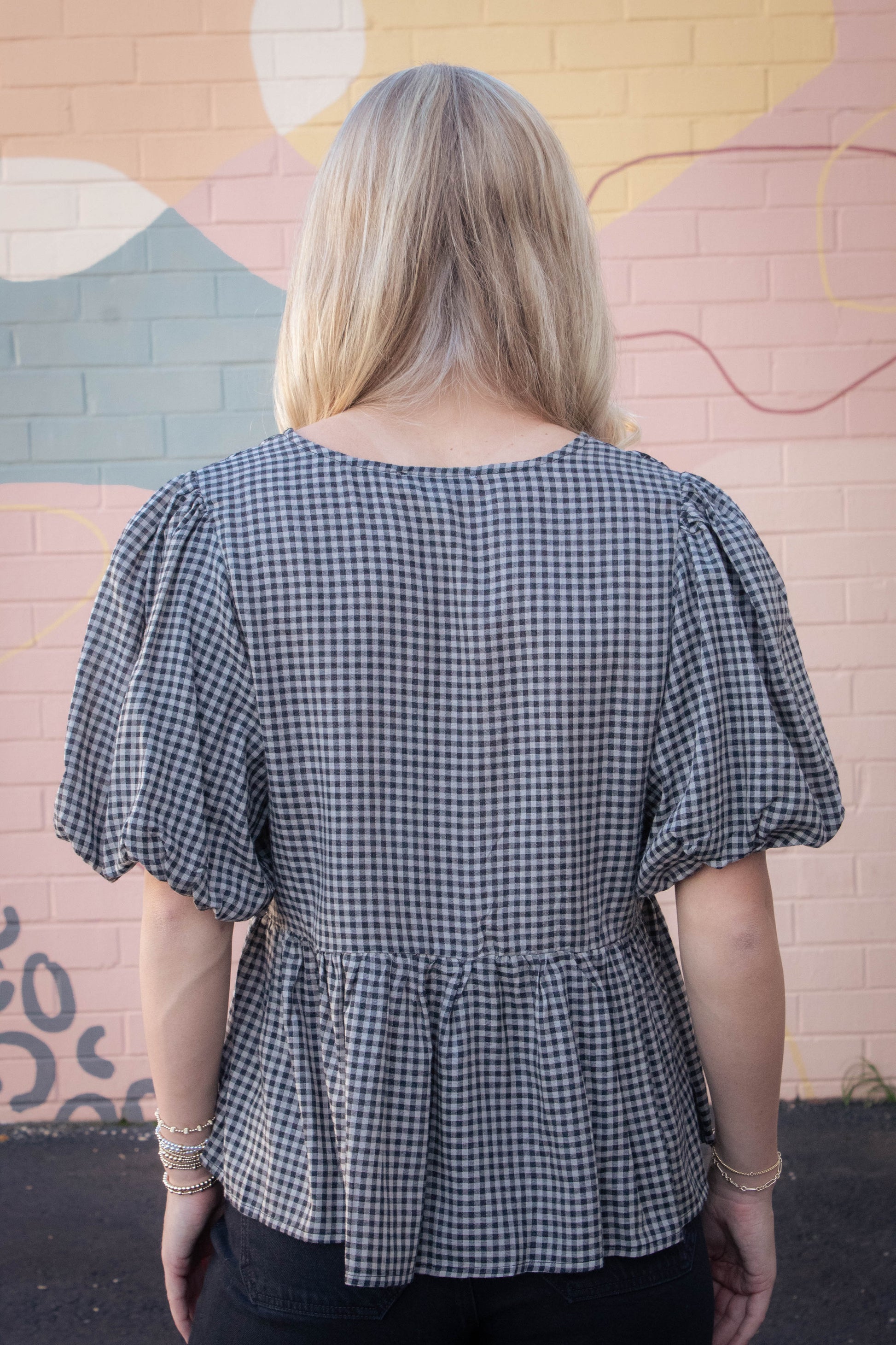  Riley Gingham Bow Tie Babydoll Top, Black