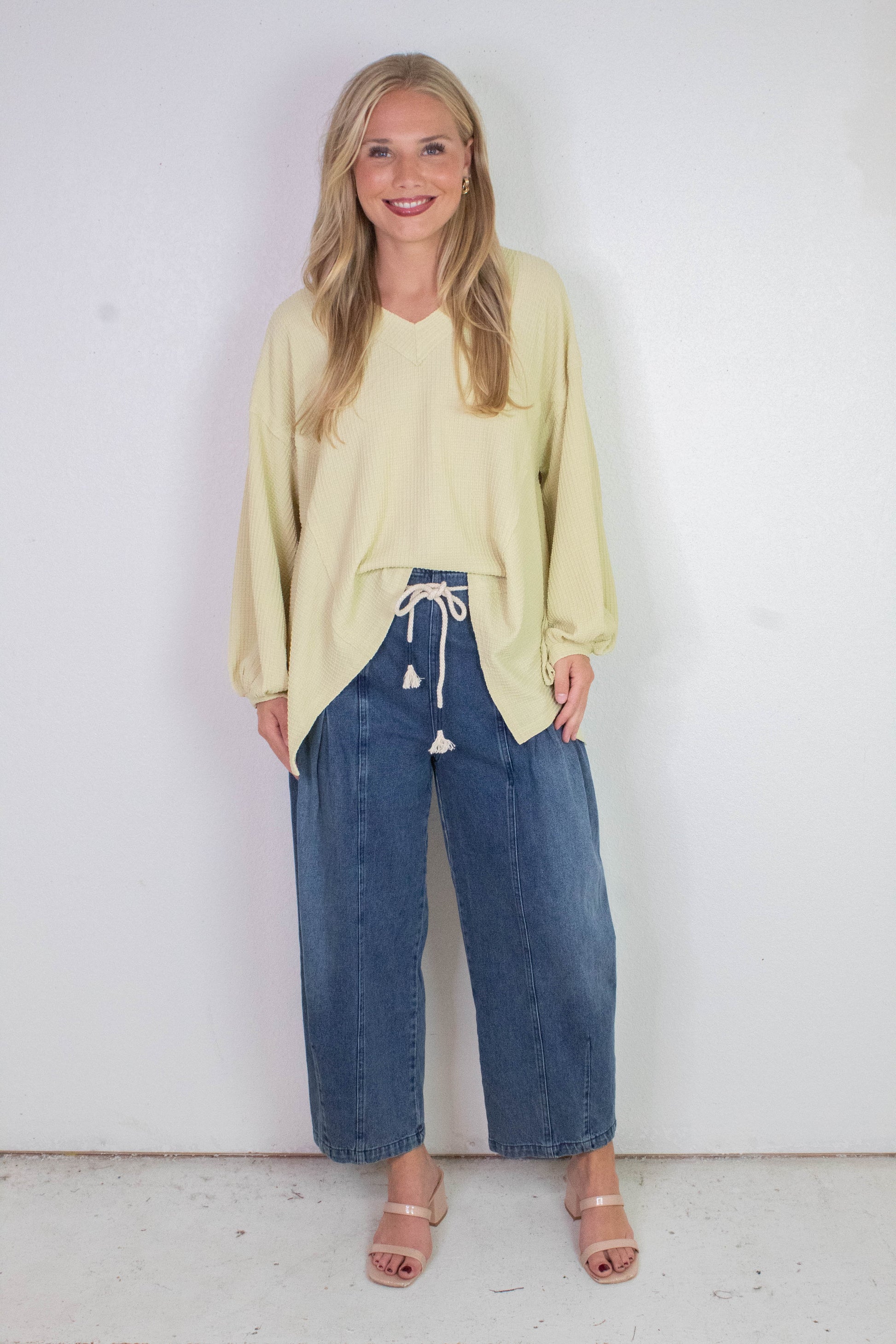  Raya Drawstring Barrel Leg Pants, Washed Denim